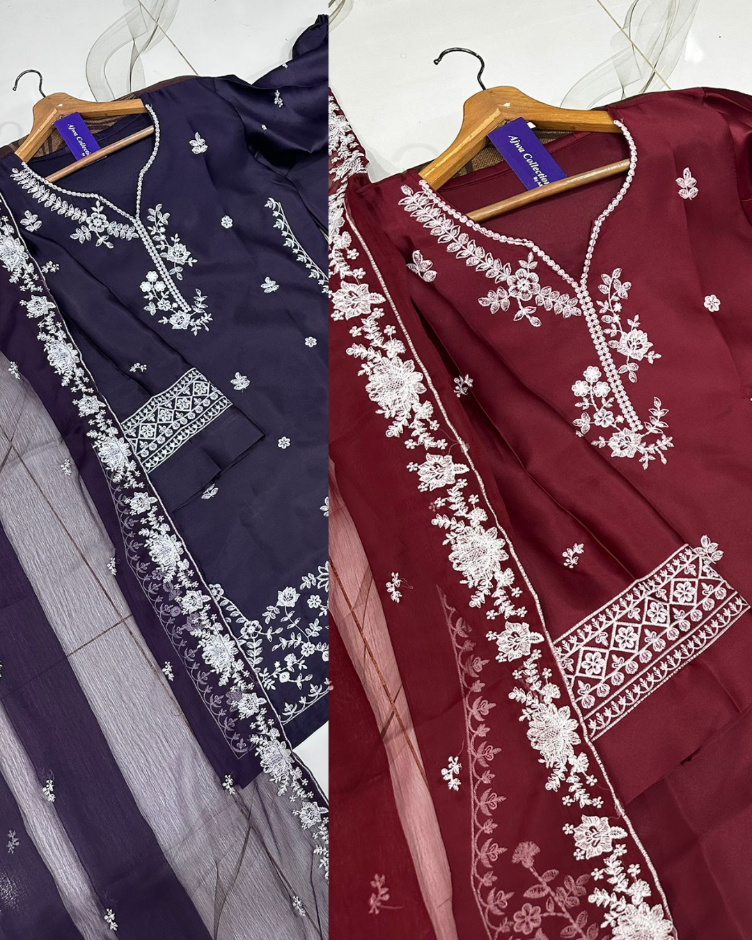 Graceful chiffon maxi featuring crystal handwork on the chest with heavy embroidered borders, paired with a fully embroidered dupatta—perfect for a classy and elegant look.